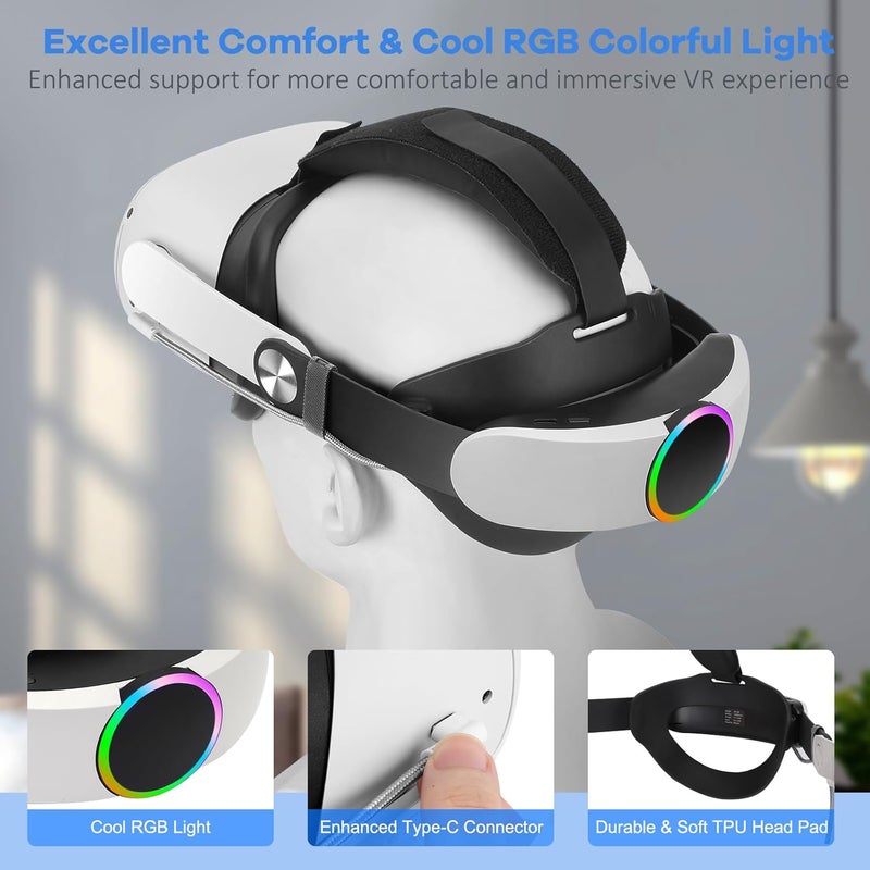 Hurra Head Strap with Battery for Oculus Quest 2, 10000mAh Fast Charging Battery Pack Extend 8H Playtime, Adjustable Elite Strap Replacement with RGB Light Enhanced Comfort Support & Balance in VR - Image 4